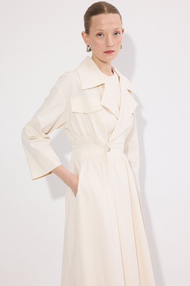 Touche Prive Vestito Beige Elegante Wrap Con Maniche 3/4 Abbigliamento all'ingrosso Modesto