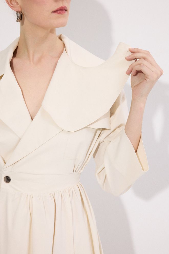 Touche Prive Bež Elegantna Obleka Z Zavitkom In 3/4 Rokavi Oblačila na debelo Pomlad