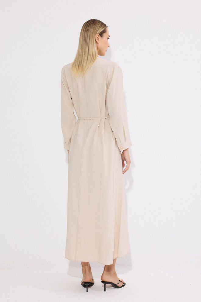 Touche Prive Beige Wrap Dress With High Neck And Long Sleeves Wholesale Clothing 1