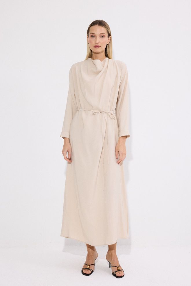 Touche Prive Beige Wrap Dress With High Neck And Long Sleeves Wholesale Clothing Work