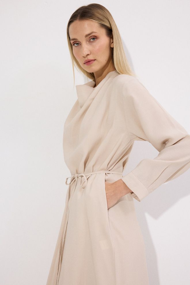 Touche Prive Beige Wrap Dress With High Neck And Long Sleeves Wholesale Clothing Spring