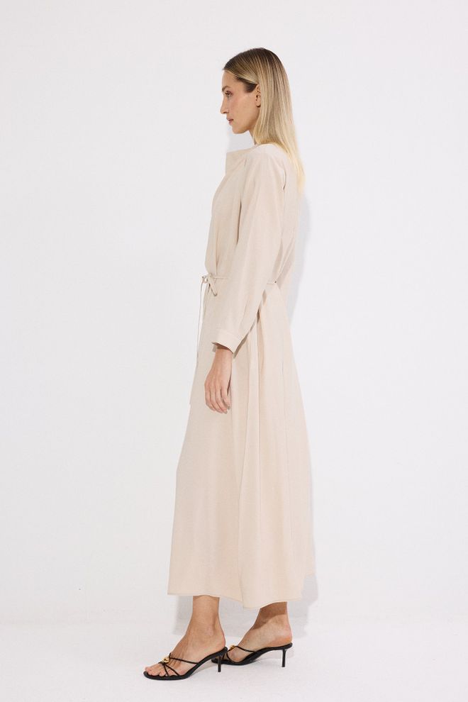 Touche Prive Beige Wrap Dress With High Neck And Long Sleeves Wholesale Clothing Casual