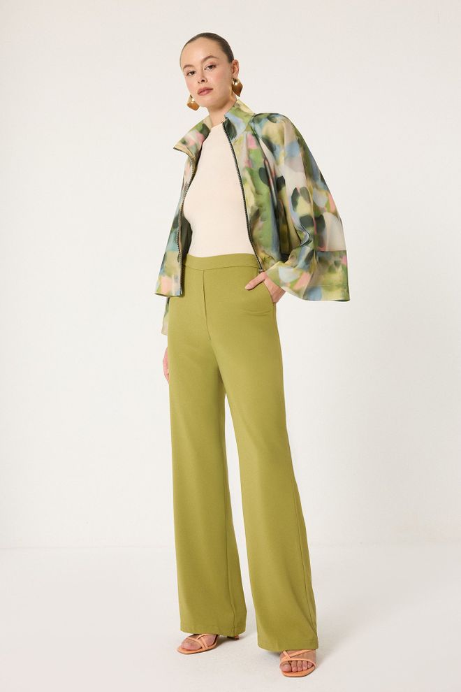 Touche Prive Green Palazzo Pants High Waist Wide Leg Wholesale Clothing Casual