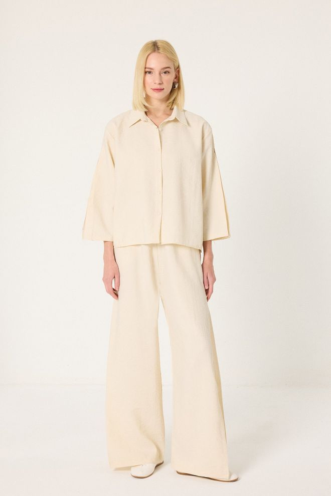 Touche Prive Beige Set With Shawl Collar & Wide Leg Palazzo Pants Wholesale Clothing Casual