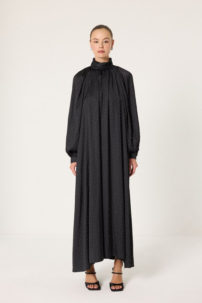 Touche Prive Siyah Puantiyeli A Kesim Maxi Şair Kollu Balıkçı Yaka Elbise Toptan Giyim Tesettür
