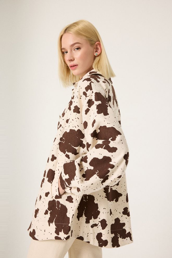 Touche Prive Giacca Shacket Marrone Oversize Con Stampa Animalier Abbigliamento all'ingrosso Casuale