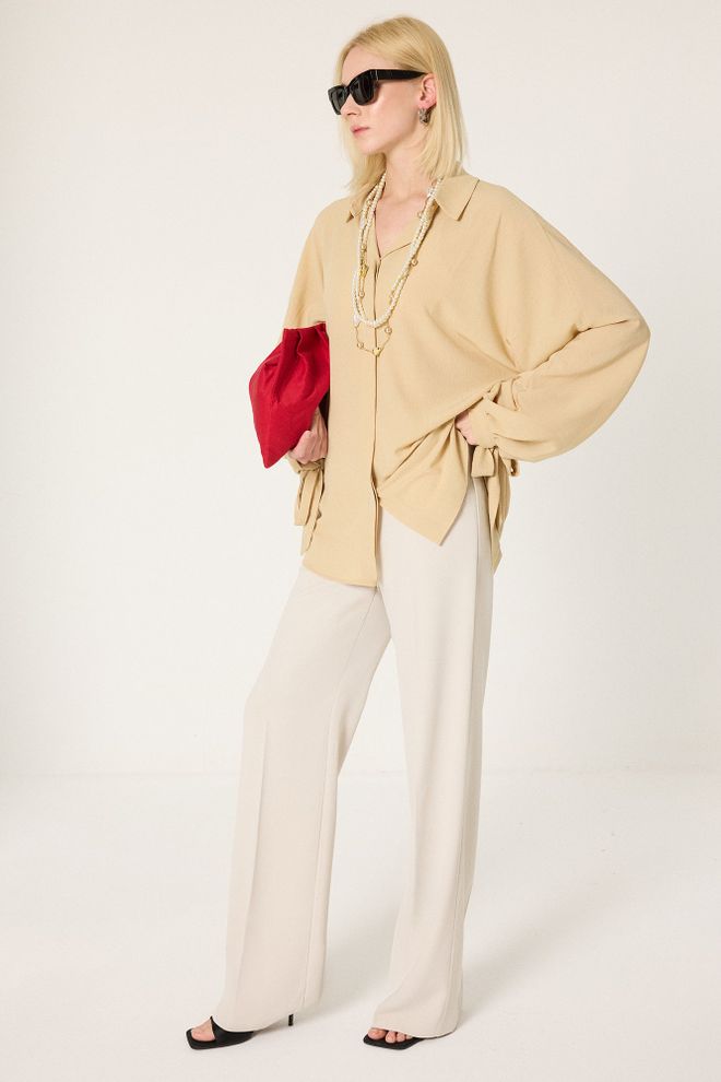 Touche Prive Bej Gündelik Zarif Resmi Tesettür Gömlek Toptan Giyim Tesettür