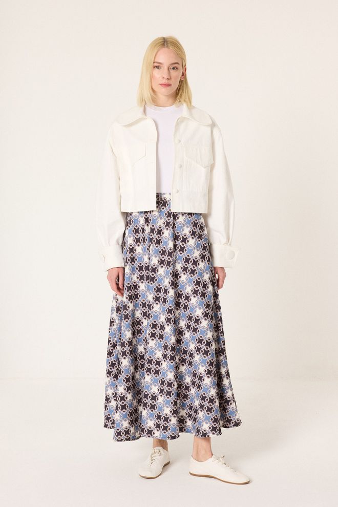 Touche Prive Saia Azul Maxi Alargada Com Cintura Alta E Estampa Geométrica Roupas por atacado Casual