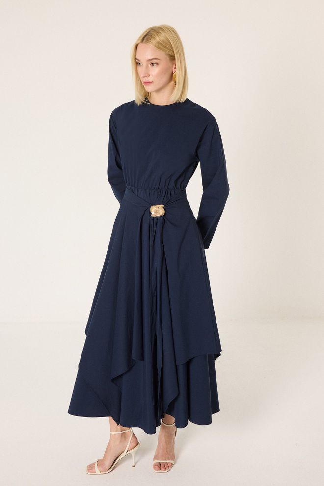 Touche Prive Elegant Navy Blue Fit And Flare Midi Dress Wholesale Clothing Modest