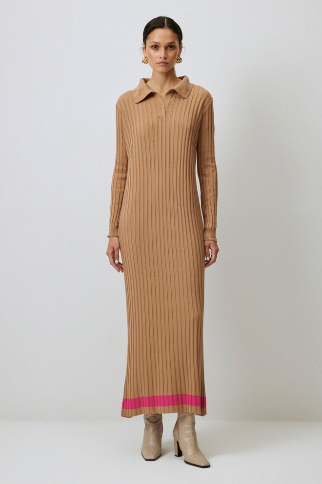 Touche Prive فستان بيج مخطط من سترة ماكسي بياقة محززة ملابس بالجملة محتشم