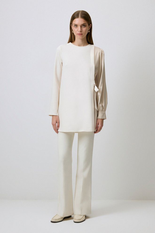 Touche Prive Weiße Elegante Tunika Mit Bindeverschluss Und Langen Ärmeln Großhandelskleidung Modest