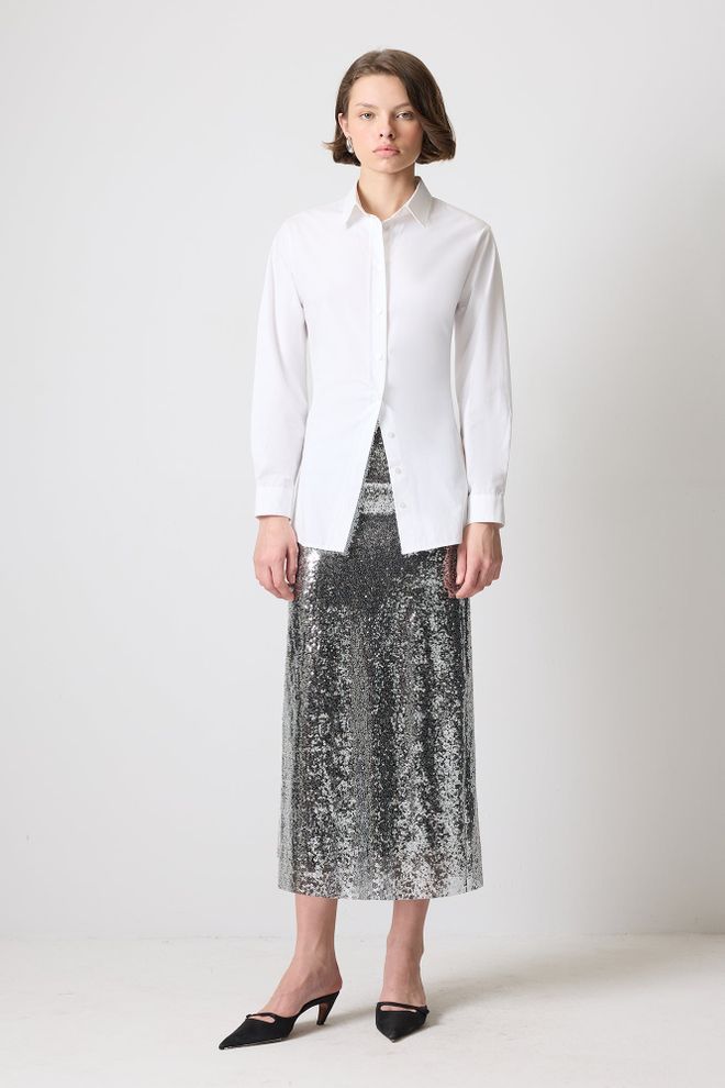 Touche Prive Gonna Argento Pencil Vita Alta Midi Paillettes Abbigliamento all'ingrosso Casuale