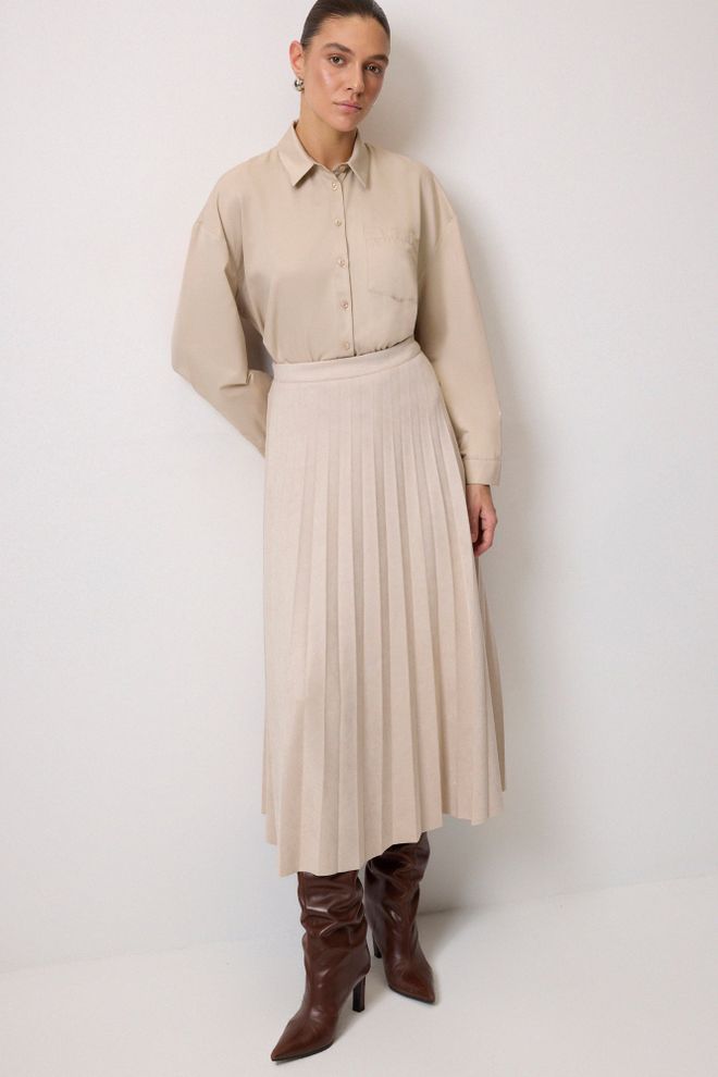 Touche Prive Елегантна Бежова Плисирана Миди Пола Дрехи на едро 1