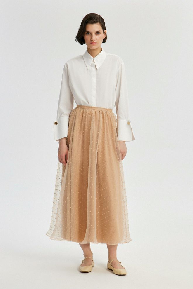 Touche Prive Elegante Gonna Beige A Pois Svasata Lunga Maxi A Vita Alta Abbigliamento all'ingrosso Modesto