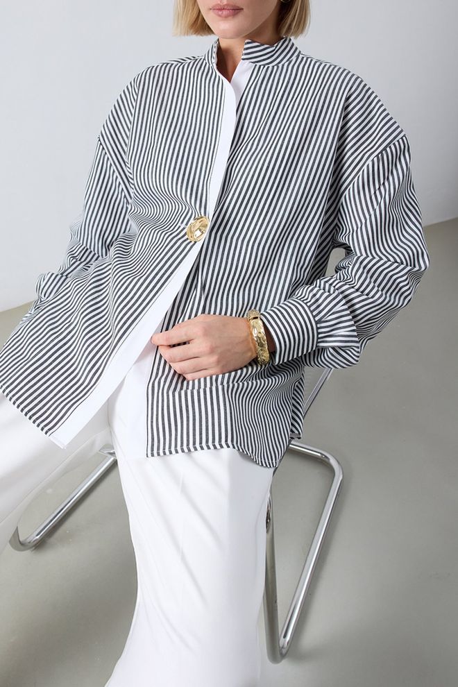 Touche Prive Black Striped Grandad Neck Tunic With Buttoned Closure Wholesale Clothing Casual