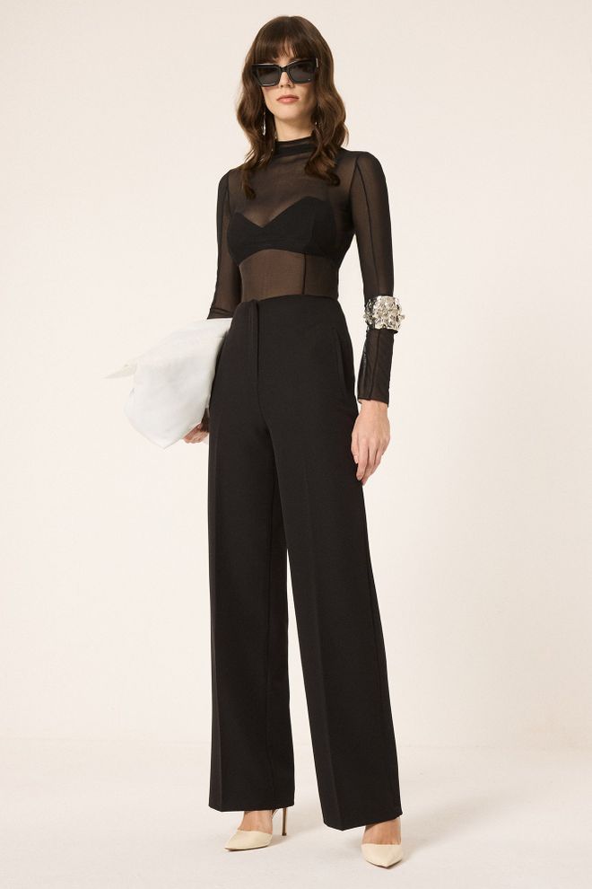 Touche Prive Pantaloni Neri Eleganti A Gamba Larga Smoking Abbigliamento all'ingrosso Formale