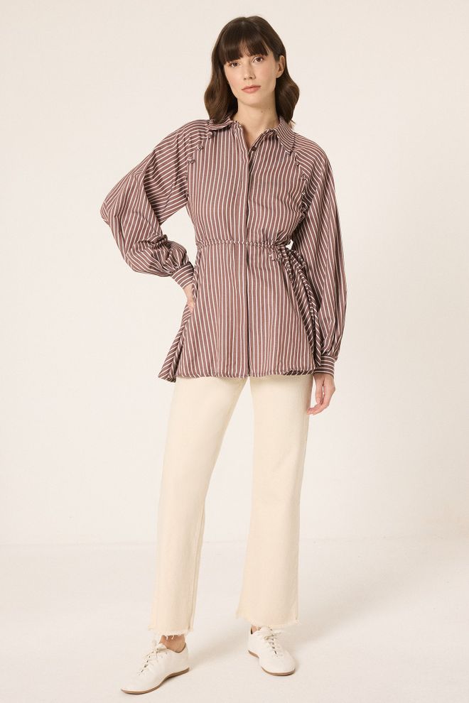 Touche Prive Camicia Marrone A Righe Con Collo Polo Abbottonata Abbigliamento all'ingrosso Casuale