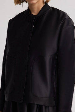 A wholesale clothing model wears tou12747-satin-jacket-with-pocket-detail-black, Turkish wholesale Jacket of Touche Prive