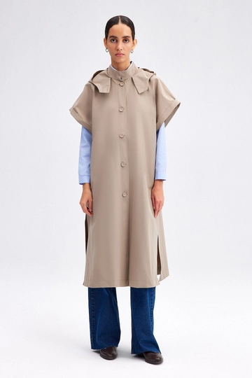 A wholesale clothing model wears  Hooded Vest - Mink
, Turkish wholesale Vest of Touche Prive