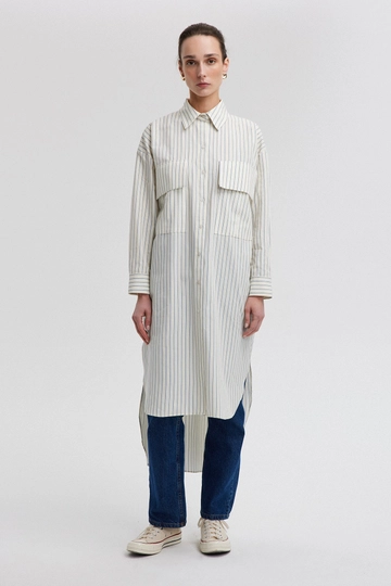 A wholesale clothing model wears  Striped Long Shirt - Blue
, Turkish wholesale Tunic of Touche Prive