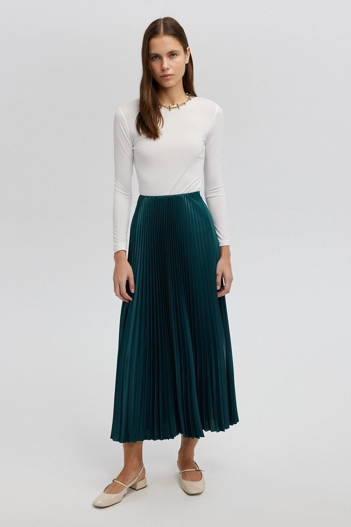Ένα μοντέλο χονδρικής πώλησης ρούχων φοράει tou12866-pleated-skirt-green, τούρκικο Φούστα χονδρικής πώλησης από Touche Prive