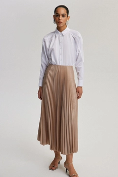 Bir model, Touche Prive toptan giyim markasının tou12910-pleated-skirt-mink toptan Etek ürününü sergiliyor.