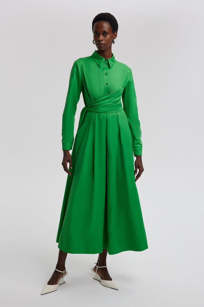 Ilia Tie Detailed Shirt Dress Green Wholesale Clothing Cotton