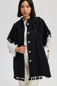 A wholesale clothing model wears tou12954-hooded-linen-jacket-with-tassel-detail-black, Turkish wholesale Jacket of Touche Prive