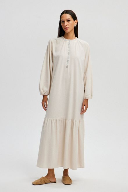 A wholesale clothing model wears  Linen Woven Dress With Button Detail - Beige
, Turkish wholesale  of Touche Prive