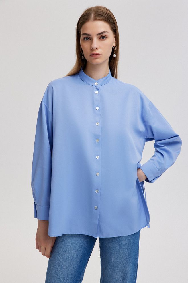 Ilia Camisa De Popelina Con Detalles De Violación Azul Ropa al por mayor Modesto