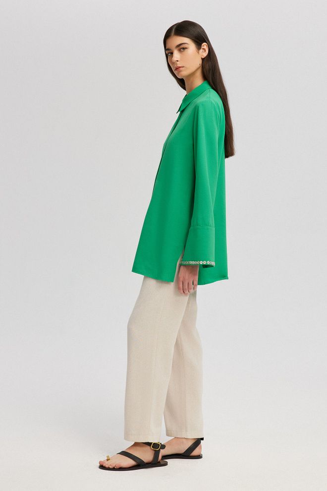 Ilia Buttoned Cuff Detailed Shirt Green Wholesale Clothing Polyester
