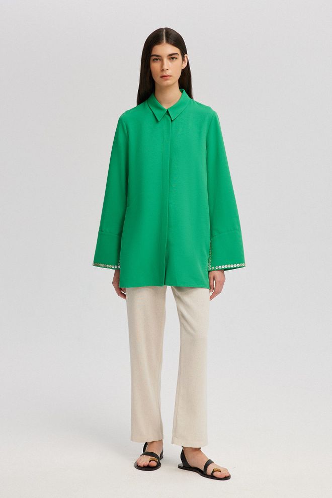 Ilia Buttoned Cuff Detailed Shirt Green Wholesale Clothing Cotton