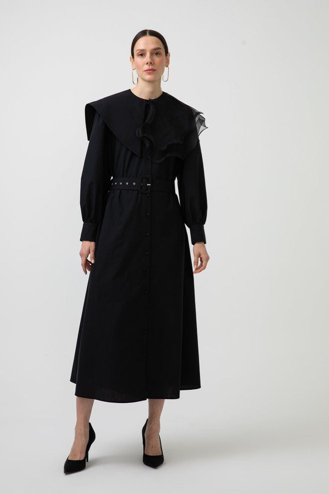 Ilia Vestido De Popelina Con Cuello De Organza Negro Ropa al por mayor Modesto