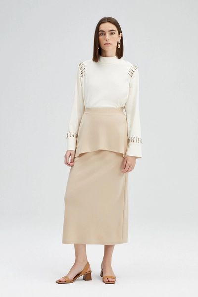 A model wears TOU11005 - Frilly Crepe Skirt - Beige, wholesale Skirt of Touche Prive to display at Lonca