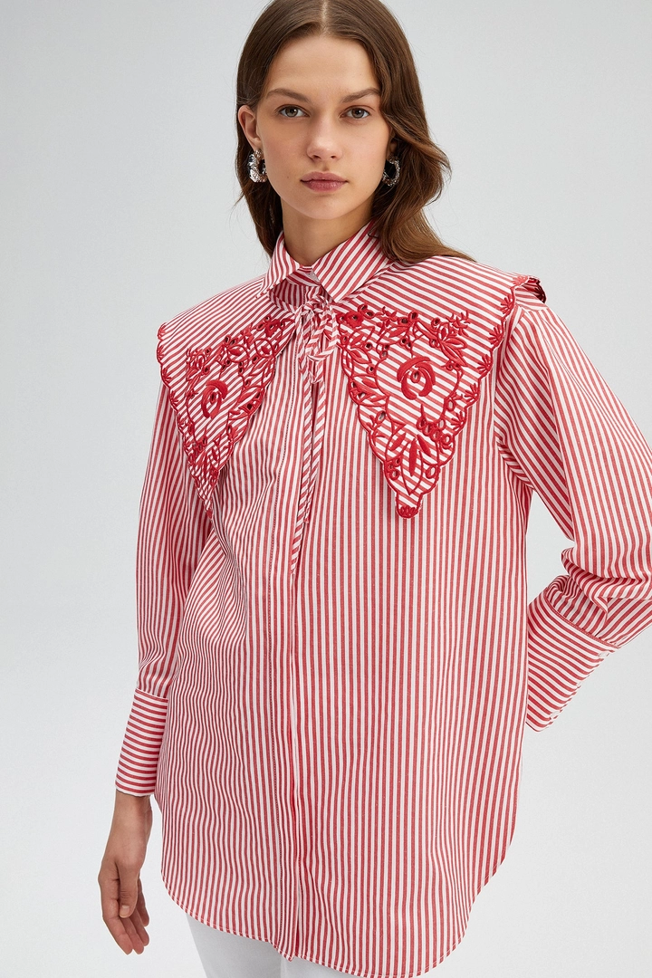 Ein Bekleidungsmodell aus dem Großhandel trägt TOU11122 - Embroidery Detailed Poplin Shirt - Red, türkischer Großhandel Hemd von Touche Prive