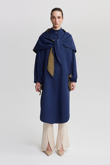 A wholesale clothing model wears  Trenchcoat Functional - Blue
, Turkish wholesale Trenchcoat of Touche Prive