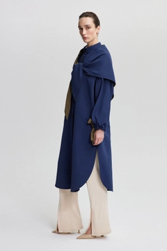 A wholesale clothing model wears tou12562-trenchcoat-functional-blue, Turkish wholesale Trenchcoat of Touche Prive