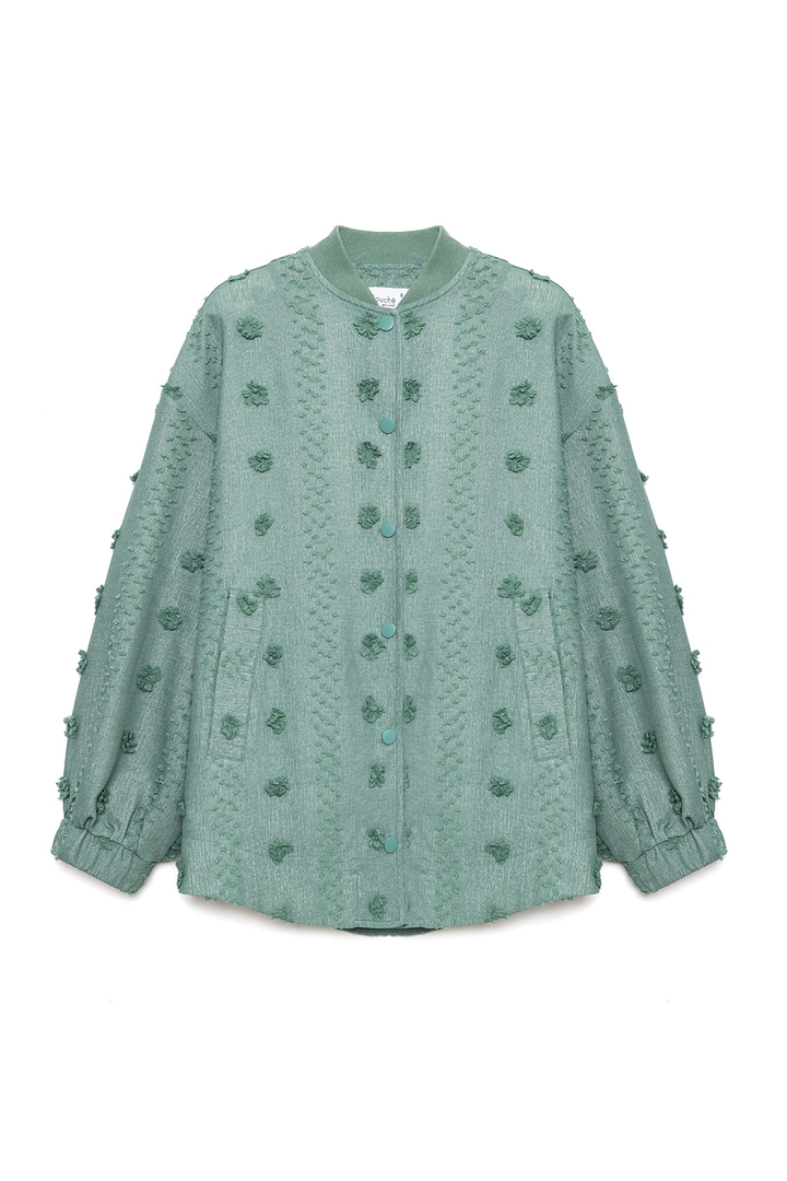 Una modella di abbigliamento all'ingrosso indossa tou12650-floral-lace-bomber-jacket-green, vendita all'ingrosso turca di Giacca di Touche Prive