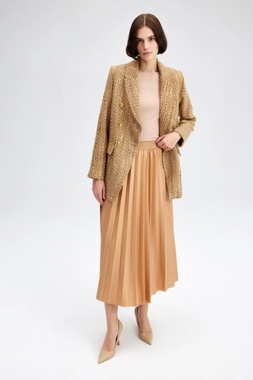 A wholesale clothing model wears  Pleated Skirt - Camel
, Turkish wholesale Skirt of Touche Prive