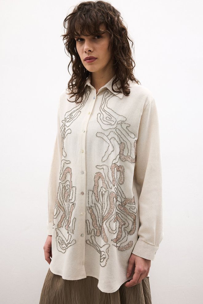 Touche Prive قميص بُني أنيق بأزرار وأكمام طويلة ملابس بالجملة غير رسمي