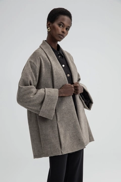 A wholesale clothing model wears 34504 - Shawl Collar Fleece Coat, Turkish wholesale Coat of Touche Prive