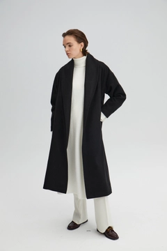 A wholesale clothing model wears 34680 - Belted Fleece Coat, Turkish wholesale Coat of Touche Prive