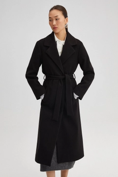 A wholesale clothing model wears 34702 - Belted Double Breasted Coat, Turkish wholesale Coat of Touche Prive