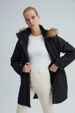 A wholesale clothing model wears 35479 - Hooded Relax Coat, Turkish wholesale Coat of Touche Prive
