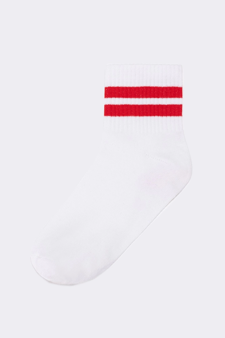 A wholesale clothing model wears tou11736-striped-socks-white-&-red, Turkish wholesale Socks of Touche Prive