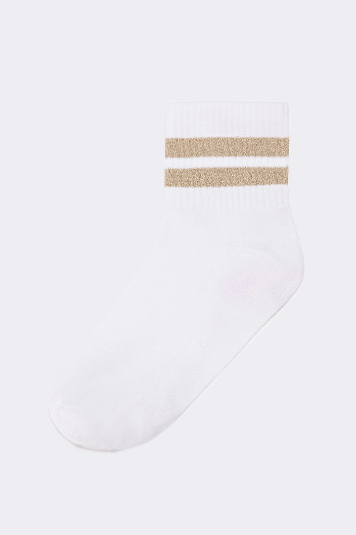 A wholesale clothing model wears tou11737-striped-socks-white-&-gold, Turkish wholesale Socks of Touche Prive