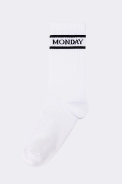 A wholesale clothing model wears tou11751-embroidered-socks-white-&-black, Turkish wholesale Socks of Touche Prive
