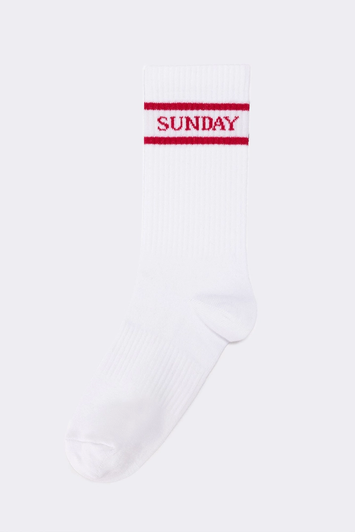 A wholesale clothing model wears tou11752-embroidered-socks-white-&-plum-color, Turkish wholesale Socks of Touche Prive