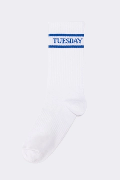 A wholesale clothing model wears tou11753-embroidered-socks-white-&-blue, Turkish wholesale Socks of Touche Prive