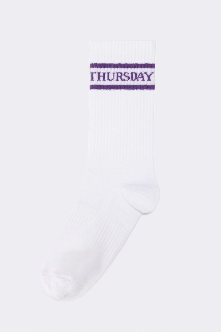Bir model, Touche Prive toptan giyim markasının tou11755-embroidered-socks-white-&-purple toptan Çorap ürününü sergiliyor.